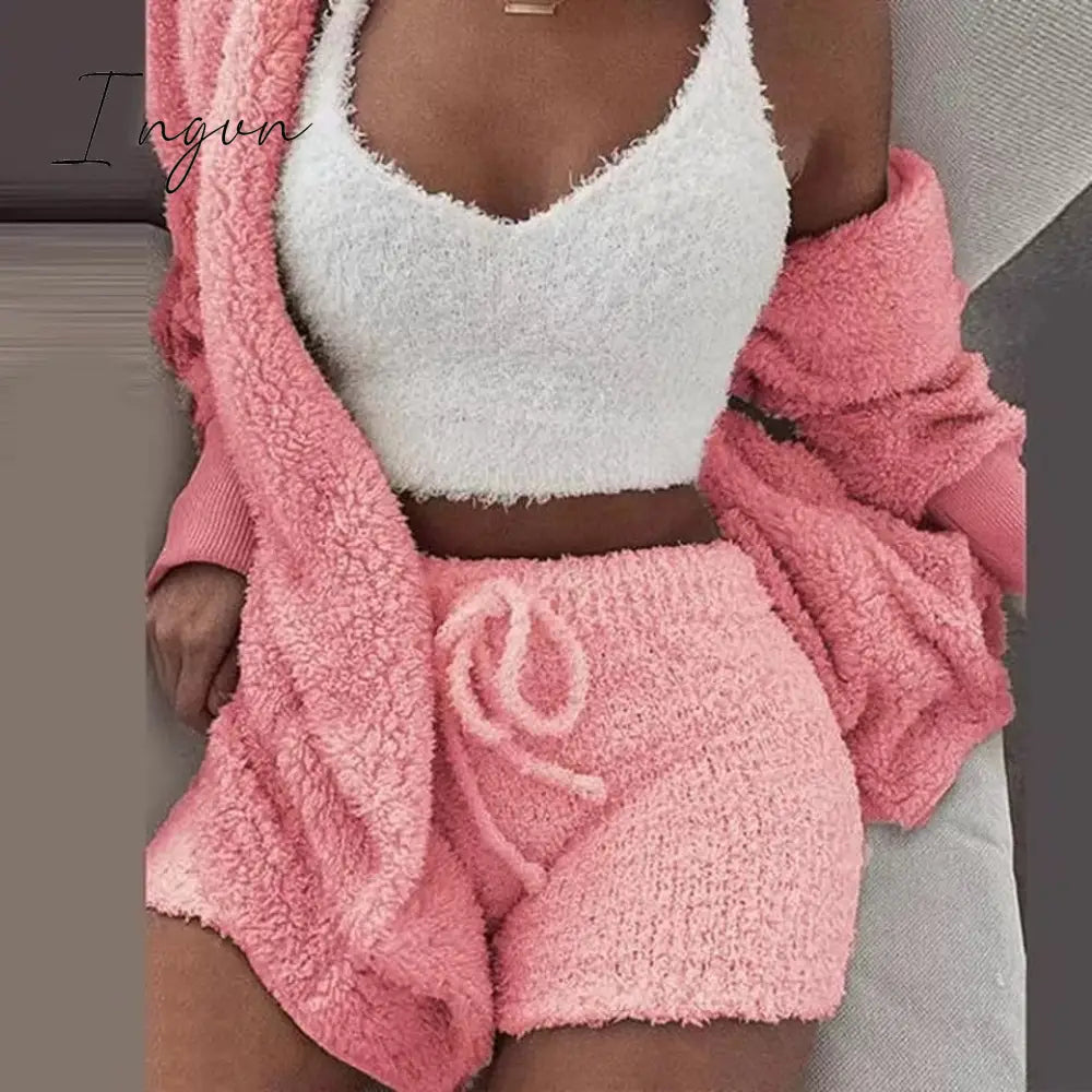 Ingvn - Brand quality Autumn Winter 3 Piece Fluffy Outfits Plush Sexy Backless Fleece Pyjamas Women Casual Sports Sweatshirt Home Wear Sets Tracksuit