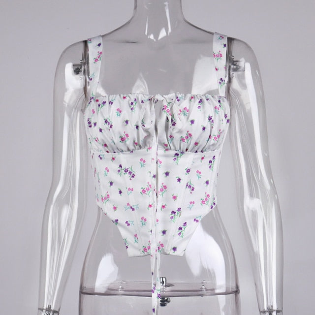 Black Floral Corset Women Summer Sexy Backless Boned Lace Up Crop Top Party Casual Wear Prairie Chic Print Tops  New