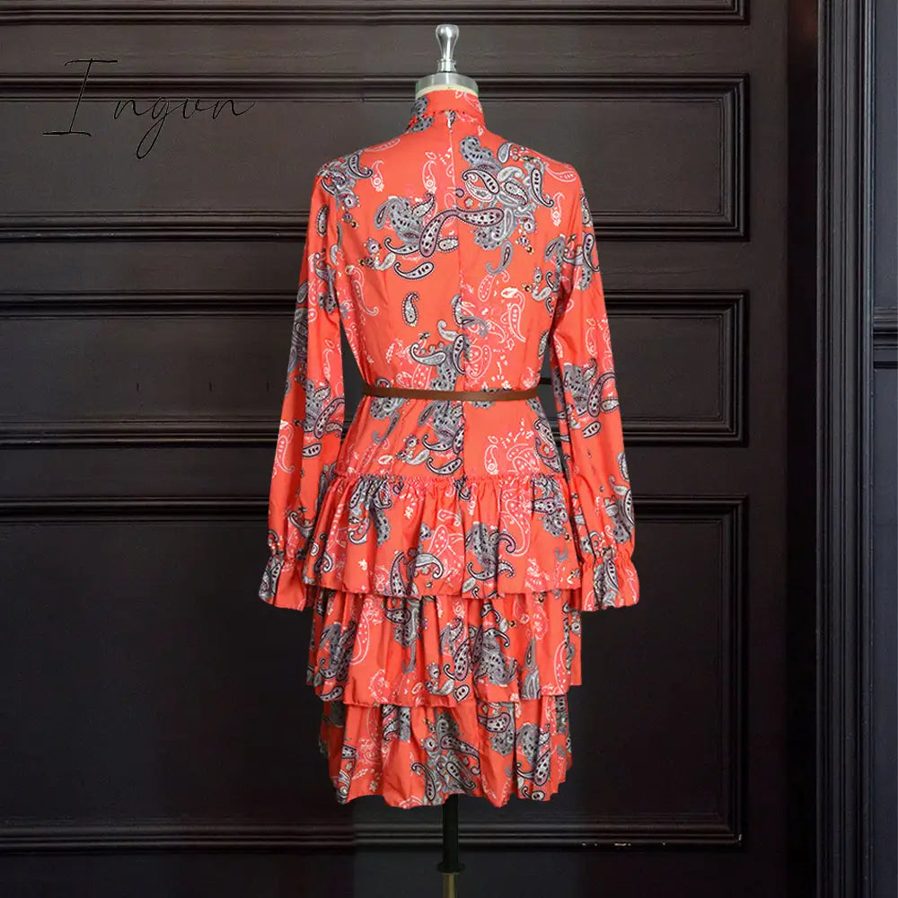 Ingvn - Women Printed Dresses Long Sleeves Bowtie Cake Dress Female Ruffles Pleated Africn Fashion Lovely Date Sweet Vestidos Plus Size