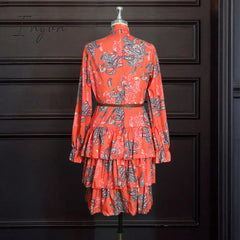 Ingvn - Women Printed Dresses Long Sleeves Bowtie Cake Dress Female Ruffles Pleated Africn Fashion Lovely Date Sweet Vestidos Plus Size