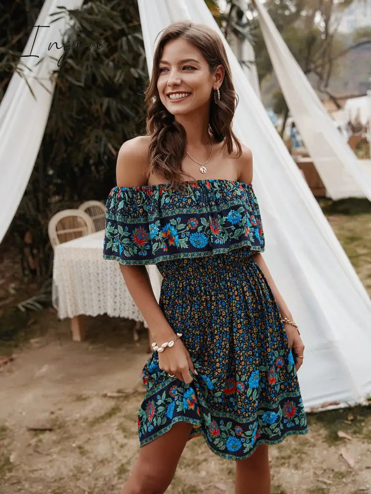 Ingvn - Bohemian Print Off-Shoulder Strapless Knee Length Dress