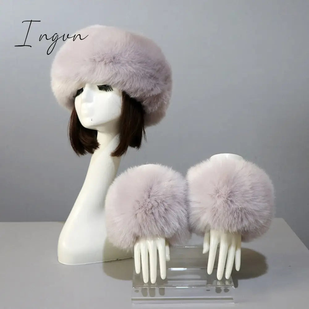 Ingvn - New Autumn Winter Caps Female Hats Cuffs Set Fashion Warmth Imitation Quality Design Faux Fur Hat Fox Fur Sleeves Suit Accessary