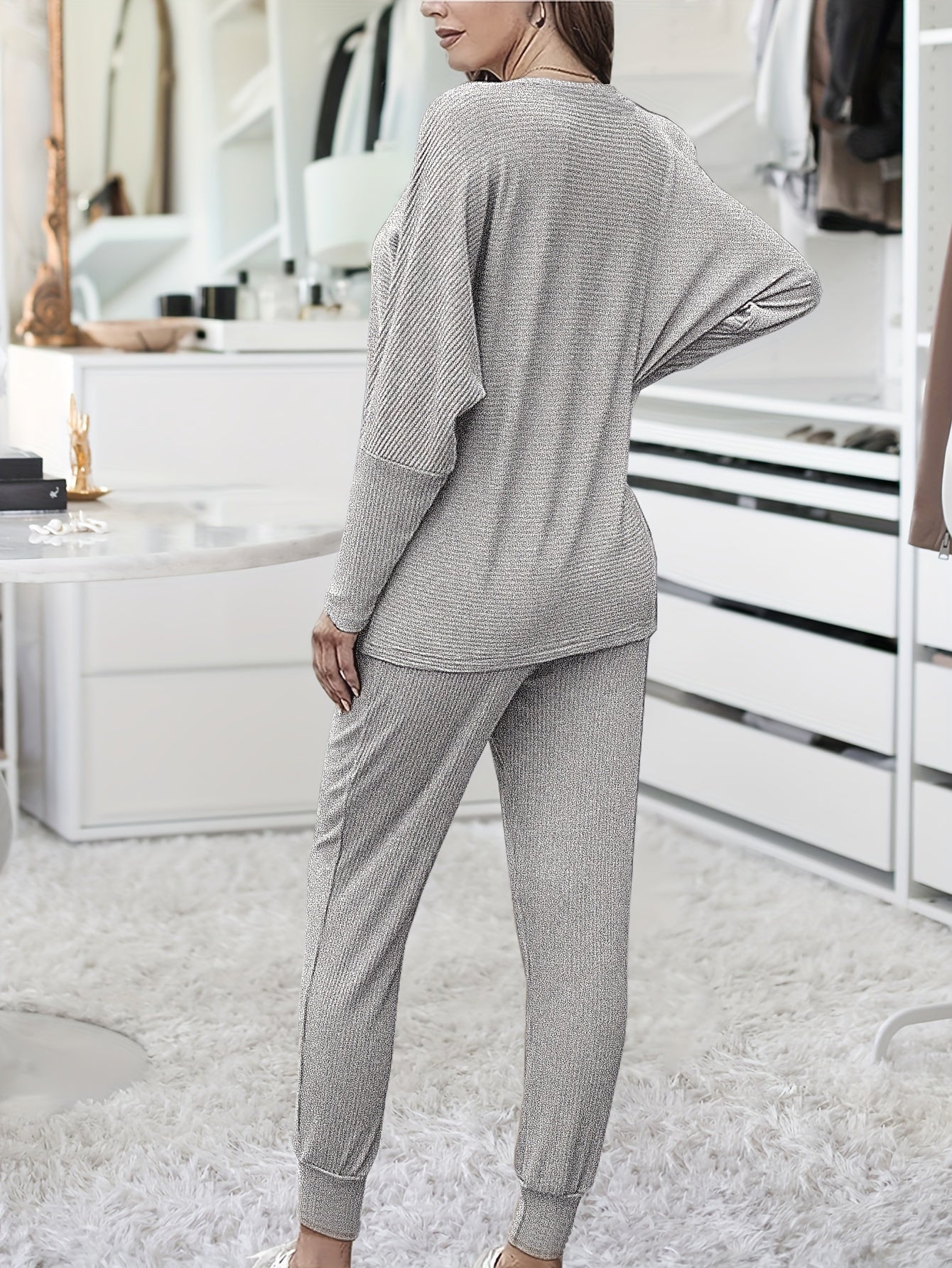 Cozy Womens Ribbed Lounge Set - Soft High-Elasticity Polyester, Crew Neck, Batwing Sleeve, Relaxed Fit, Pockets, Machine Washable, Perfect for Fall and Winter Season