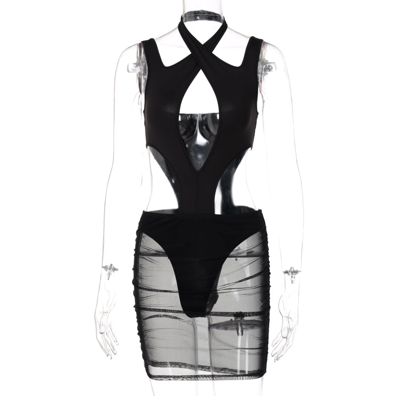 Short Sleeve Halter Hollow Out Hole Backless Bodycon Dress Summer Sexy Women Streetwear Y2K Party Casual Club