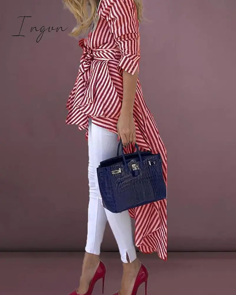 Ingvn - High Street Women Stripe Shirts Long Sleeve V-neck Loose Tops Blouse Striped Tied Front Dip Hem Shirt With Belt Long Shirts