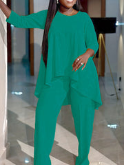 Plus Size Casual Outfits Two Piece Set, Women's Plus Solid Long Sleeve Round Neck Tunic Top & Pants Outfits 2 Piece Set