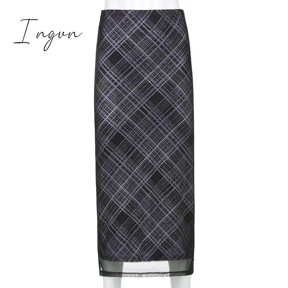 Ingvn - Autumn Fairy Grunge Long Tulle Skirts Women Kawaii Plaid Black Skirt Harajuku Low waisted Skirt Korean Fashion