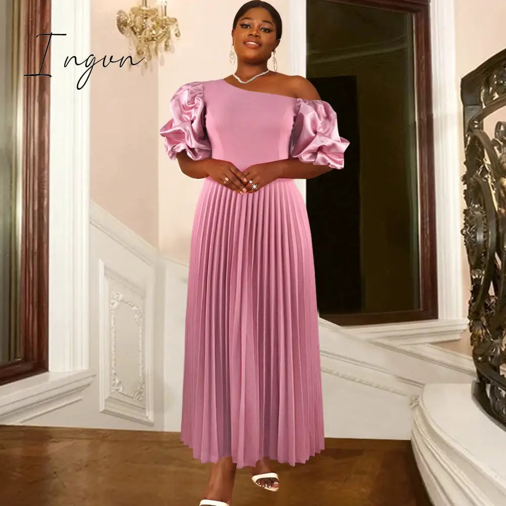 Ingvn - Long Party Dress for Women Classy Pink Cold Shoulder Ruched Sleeve Pleated A Line Flowy Maxi Evening Gowns for Brides Occaions