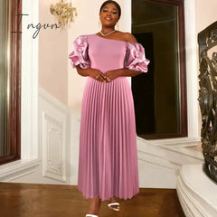 Ingvn - Long Party Dress for Women Classy Pink Cold Shoulder Ruched Sleeve Pleated A Line Flowy Maxi Evening Gowns for Brides Occaions