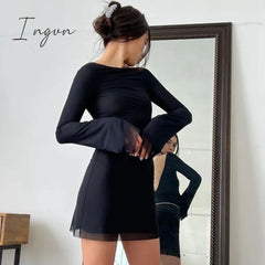 Ingvn - Women Elegant Black Mesh Mini Dress Streetwear Chic Sexy Backless Full Sleeve Dresses 90s Vintage Holiday Indie Graphic Clothing