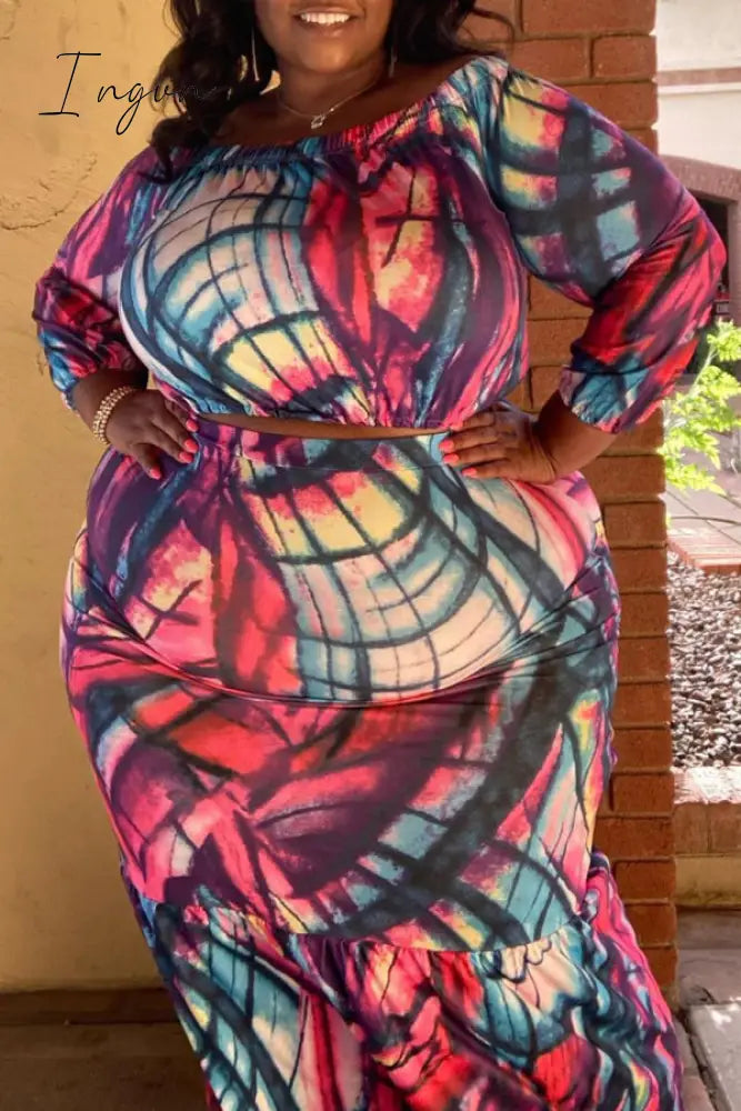 Ingvn - Red Plus Size Casual Print Patchwork Off the Shoulder Straight Plus Size Two Pieces