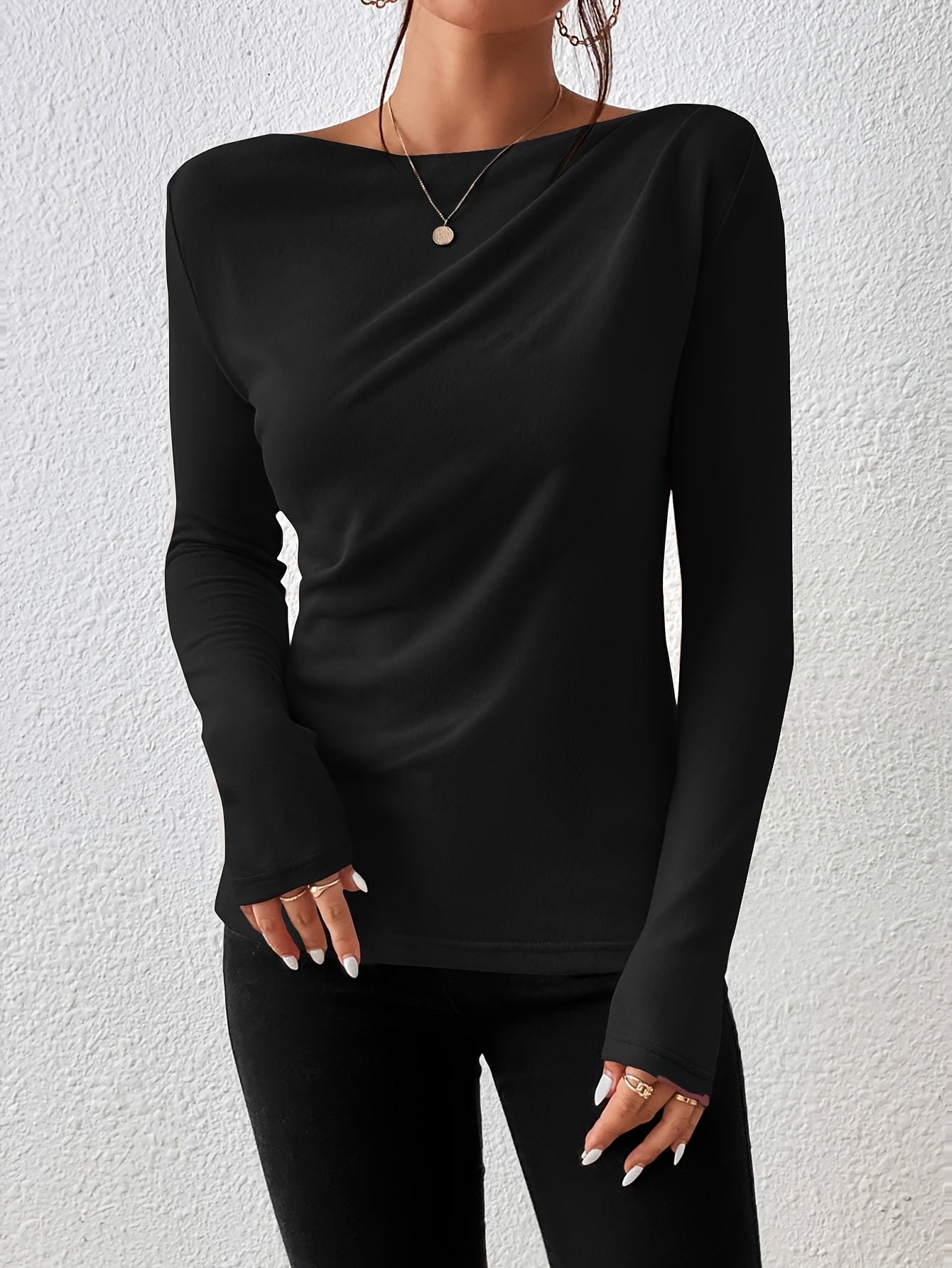 Womens Classic Solid Boat Neck T-Shirt - Stylish Long Sleeves for Spring & Fall - Versatile Casual Top - Premium Quality Wardrobe Staple