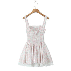 Elegant Women Floral Print Princess Sling Mini Dress Front Bandage Lace Patchwork A-line Summer Dress Holiday Party Robe