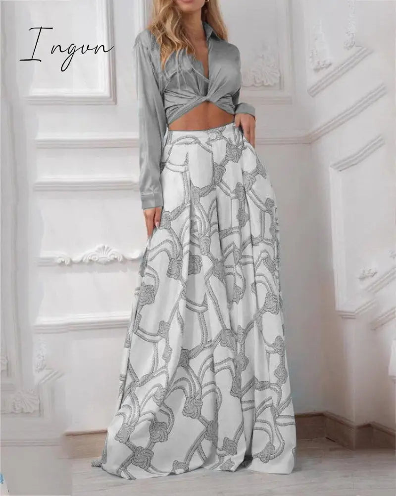 Ingvn - 2023 Fashion Summer Autumn Two Piece Sets Womens Fashion Sexy Mid Sleeve Shirt Elgant Floral Print Wide Leg Pant Suit Casual 2pcs Set Women
