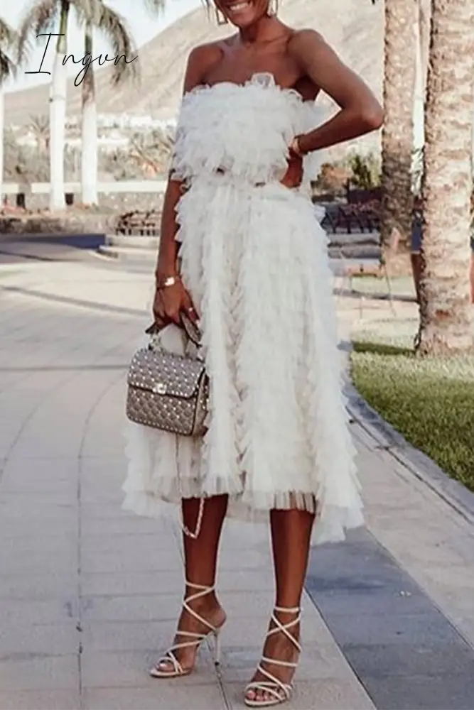 Ingvn - Fashion Elegant Solid Patchwork Mesh Strapless Princess Dresses (Without Belt)