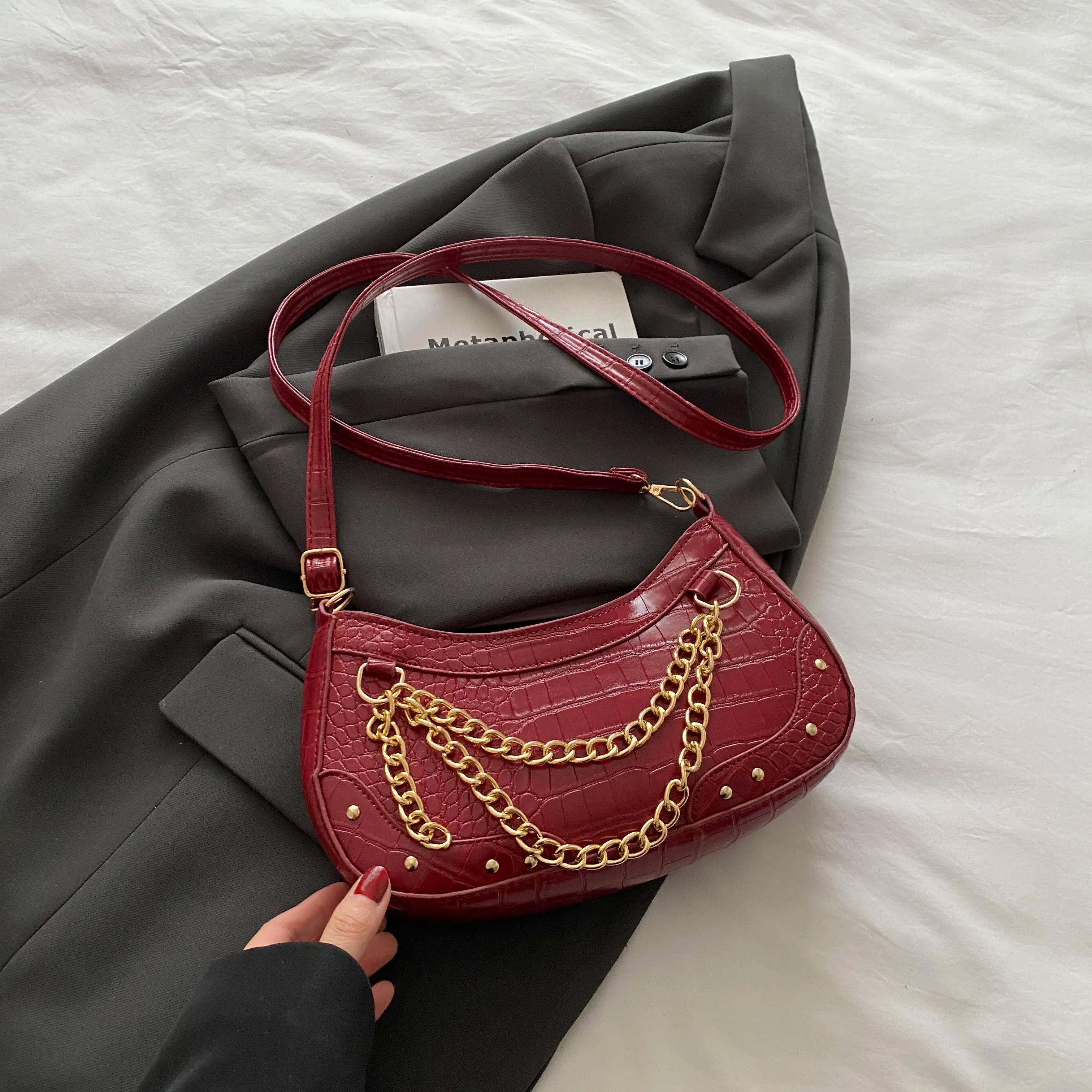 Chain-Embellished Shoulder Bag