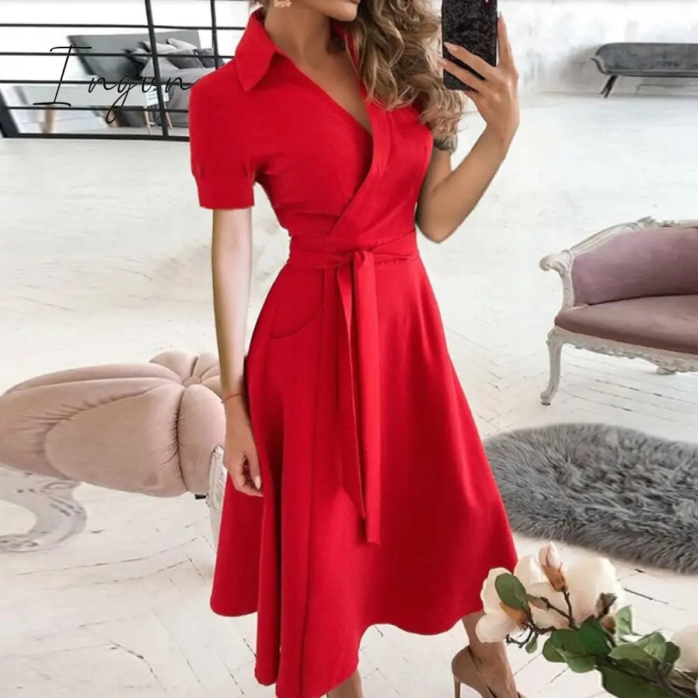 Ingvn - v neck long sleeve spring summer printed dress