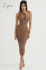 Ingvn - Summer Midi Mesh Dress Bodycon One Shoulder Draped Dress Women Night Party Dress Elegant Vestidos Stretchy High Quality