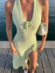V-Neck Floral Knit Long Dress Women Sexy Slim Backless High Waist Split Sleeveless Fashion Dress For Women Knitwear Dress