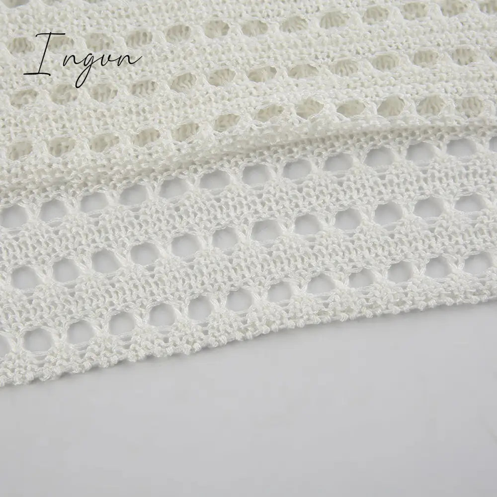 Ingvn - Hot Sell Irregular Hollow Out Knitted Y2K T-Shirts Women Summer Vacation Clothes O Neck Flare Sleeve See Through Casual Tops