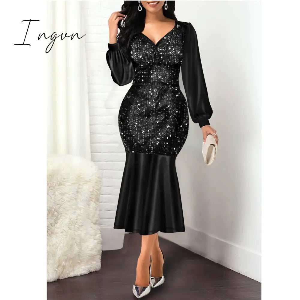 Ingvn - Women Dress Summer Elegant Sexy V Neck Sequine Evening Wedding Party Dress Plus Size High Waist Bodycon Mermaid Dresses 5XL