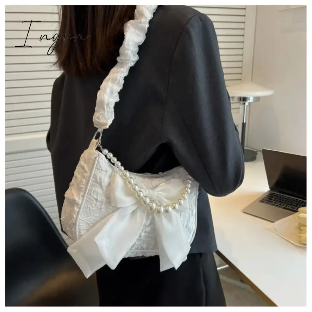 Ingvn - Pearl Female Bag Retro Luxury Designer Handbag Bow Crossbody Bags Fashion Canvas Women's 2024 Trend Shoulder bag Purses