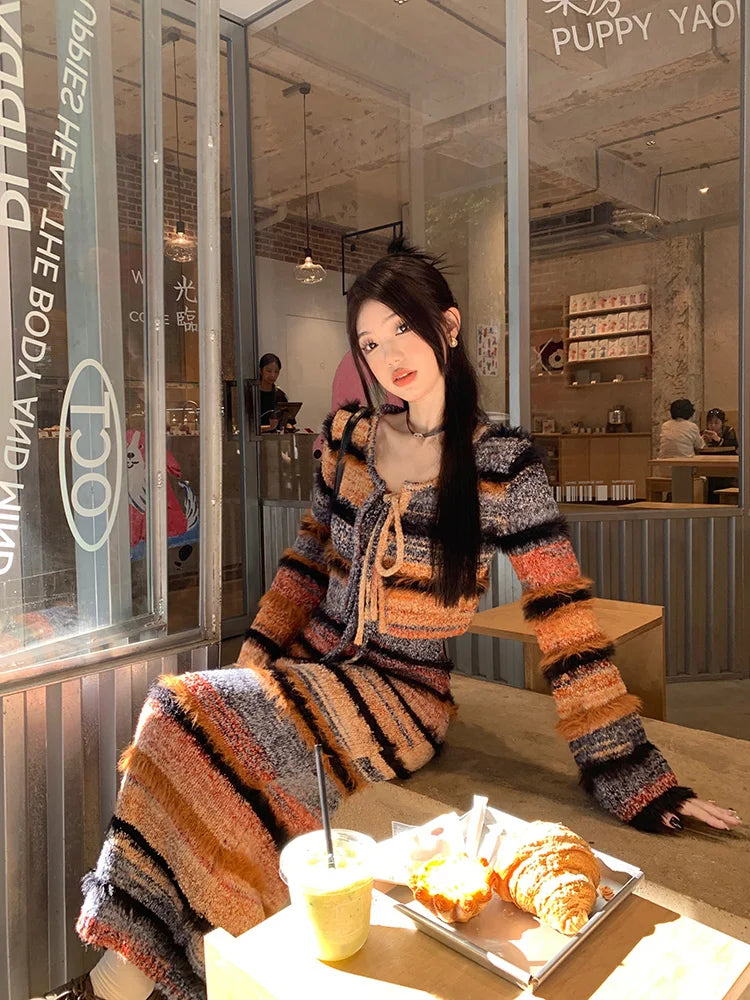 Korean style Spring Autumn New Streetwear Sexy Long-sleeved Cardigan Women Striped Knit Sling Dress Two-piece Suit