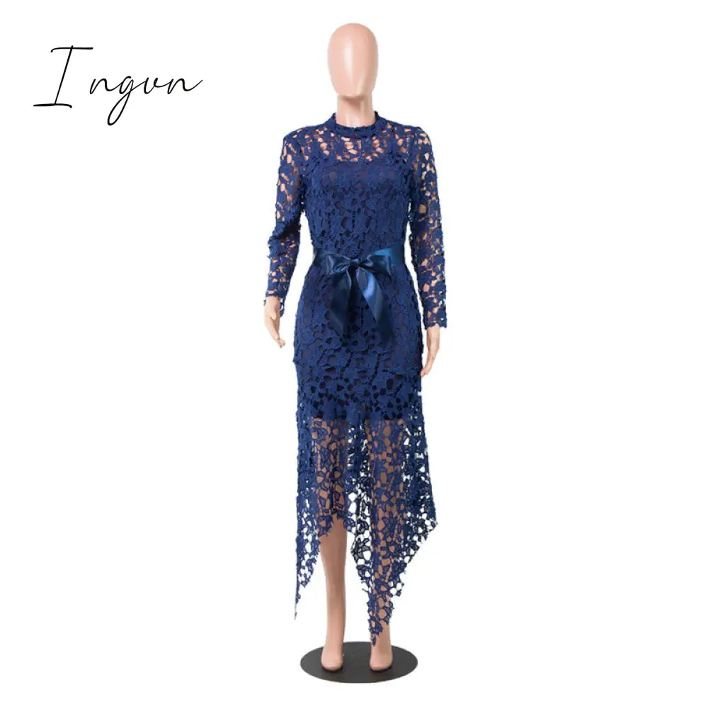 Ingvn - Slim Sexy Dress Women Spaghetti Straps Lace Mesh Perspective Party Fishtail Patchwork Midi Bodycon Plus Size Vestidos