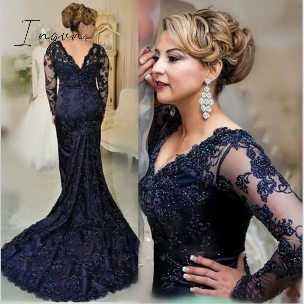 Ingvn - On Sale Charming Dark Navy Lace Mermaid Long Sleeve Mother of the Bride Dresses V Neck Wedding Party Gowns Back Out