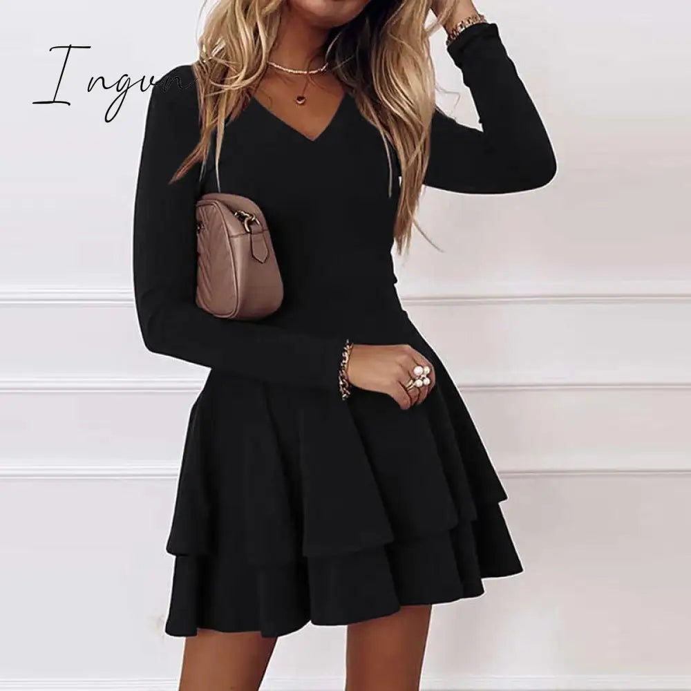 Ingvn - Sexy Women V neck Pleated Party Dress Spring Solid Casual Long Sleeve Loose Dress Elegant Autumn Office Lady Mini Dress Vestidos