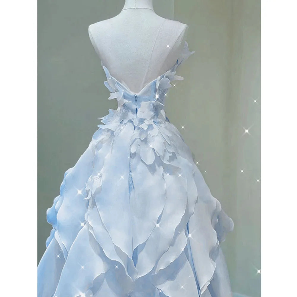 Blue Evening Dress Women Luxury Elegant Ruffles Fairy Birthday Prom Gown Exquisite Sleeveless Bride Banquet High-end Host Dress