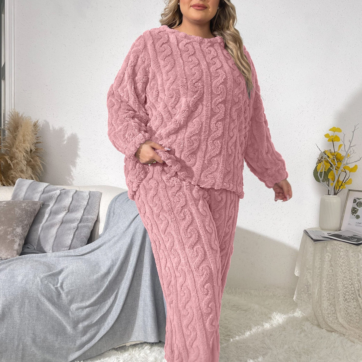 Plus Size Casual Pajamas Set, Women's Plus Solid Textured Long Sleeve Round Neck Warm Flannelette & Joggers Loungewear Two Piece Set