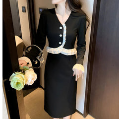 Elegant Party Fashion Black Midi Dresses for Women Autumn New V-neck Long Sleeve Patchwork Korean Chic Slim Female Clothing