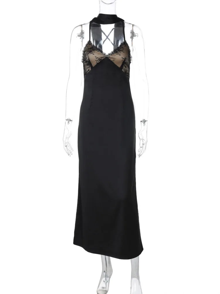 Halter V Neck Sexy Maxi Dress Women Fashion Hollow Out Spaghetti Strap Sleeveless Backless Bodycon Elegant Long Dress