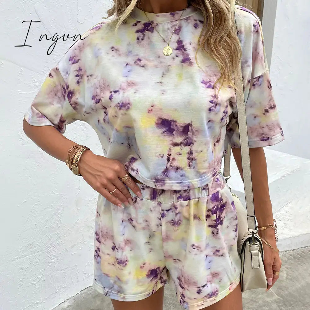 Ingvn - Tie Dye Round Neck Dropped Shoulder Tie Dye Top and Shorts Set
