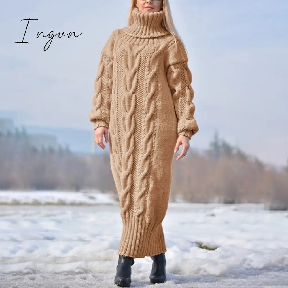 Ingvn - Sweater Dress Women Long Sleeve High Neck Knitted Pullover Dress Soft Warm Solid Color Oversize Bodycon Jumper Female Dress