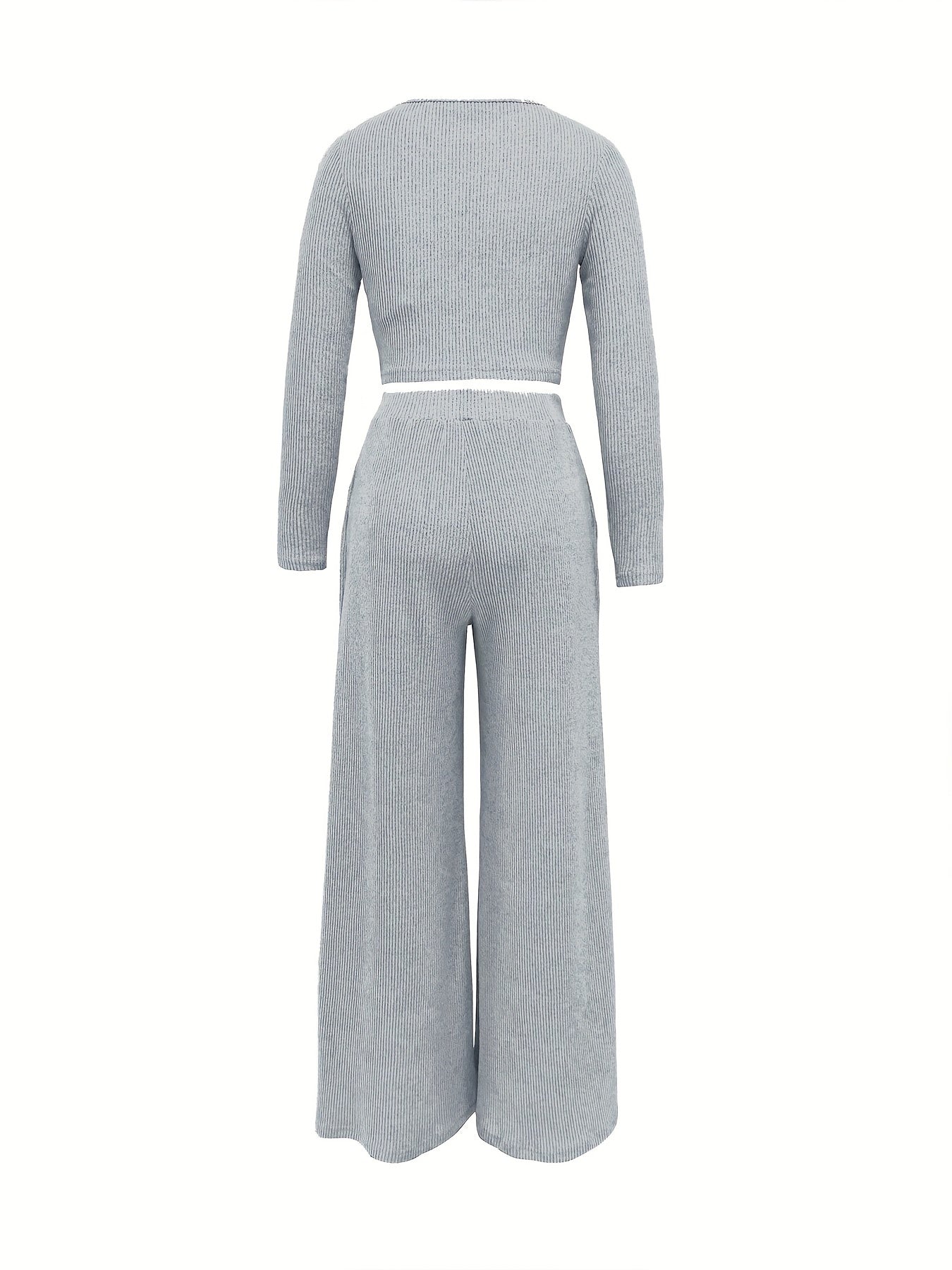 Chic Solid Two-Piece Set - Soft Knit Crew Neck Top & High Waist Wide Leg Pants - Comfortable Casual Outfit for Women