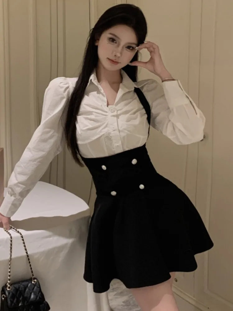 Voguable  Y2K 3 Piece Set Women Cropped Coat + Long Sleeve Shirt + High Waist Halter Ruffles Mini Dress Korean Chic Fashion Sexy Outfits