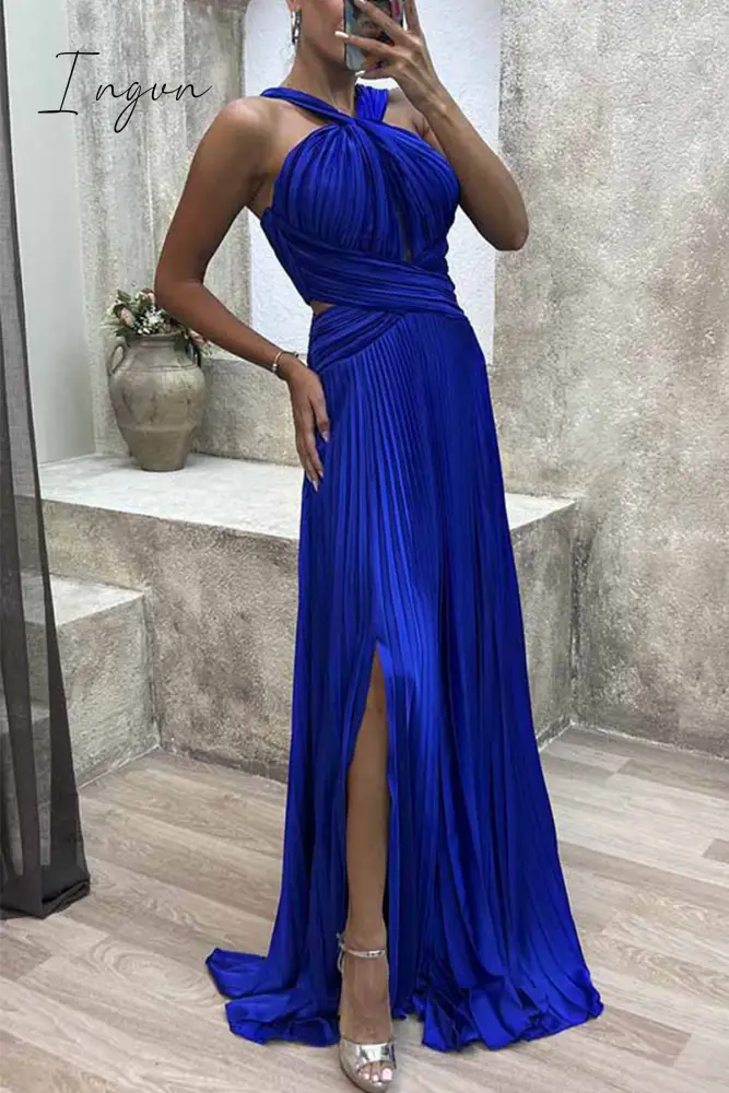 Ingvn - Elegant Solid Fold Halter Evening Dress Dresses