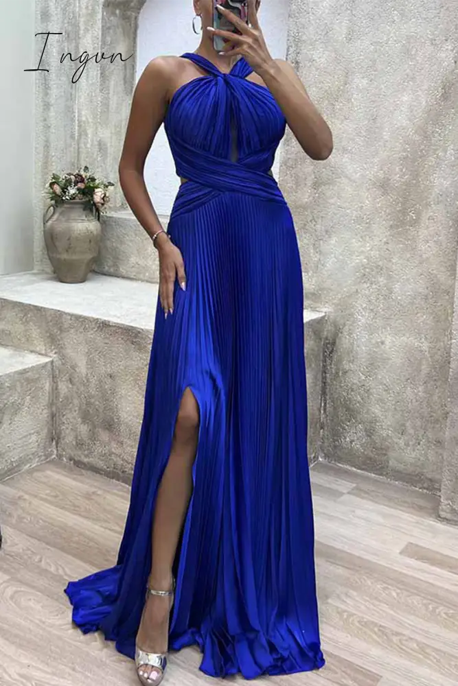Ingvn - Elegant Solid Fold Halter Evening Dress Dresses