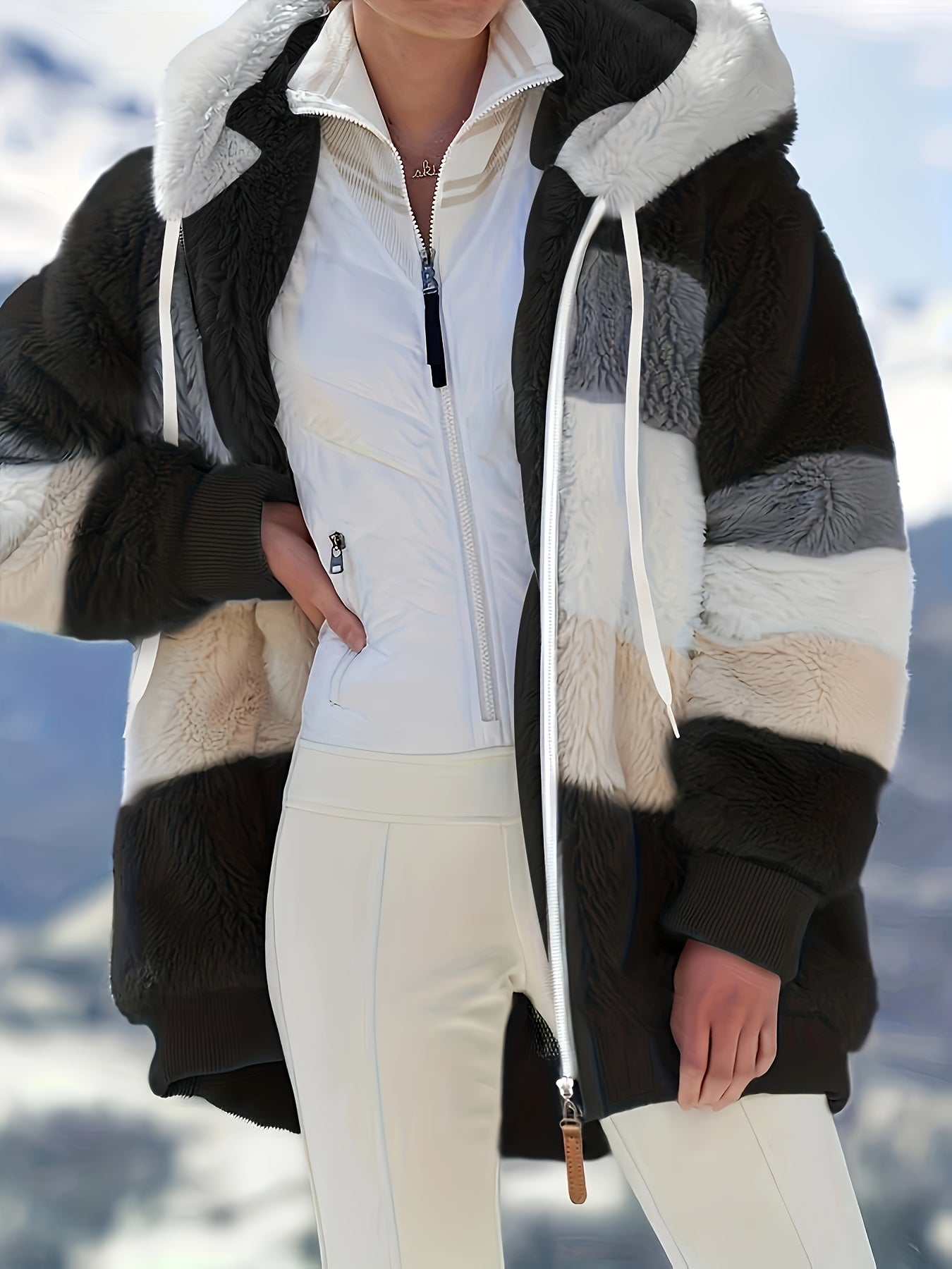 Fuzzy Color Block Coat, Casual Hooded Zip Up Drawstring Long Sleeve Outerwear, Women's Clothing