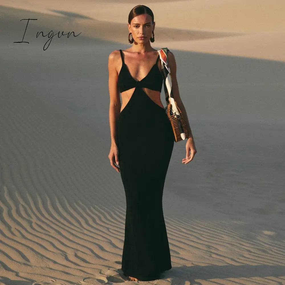 Ingvn - Spaghetti Strap Sexy Backless Maxi Dresses See Through Sexy Women Dresses Party Club Elegant Hollow Dress Sundress