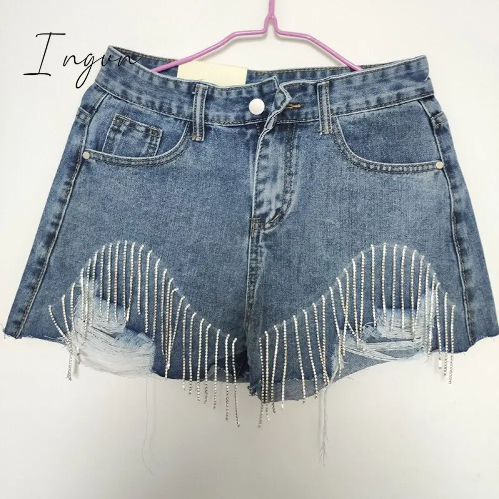 Ingvn - Spring Autumn Fashion Tide Denim Short Women High Street Rhinestone Sequins Hole Tassel Fit Wild Clothing