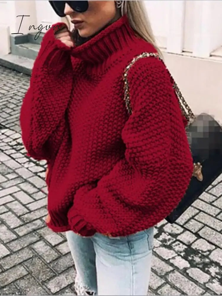 Ingvn - Womens Fall Fashion Sweater Women Autumn/Winter Turtleneck Doll Sleeve Loose Knit Sweater Fashion Women's Top Sweaters High Quality Thermal