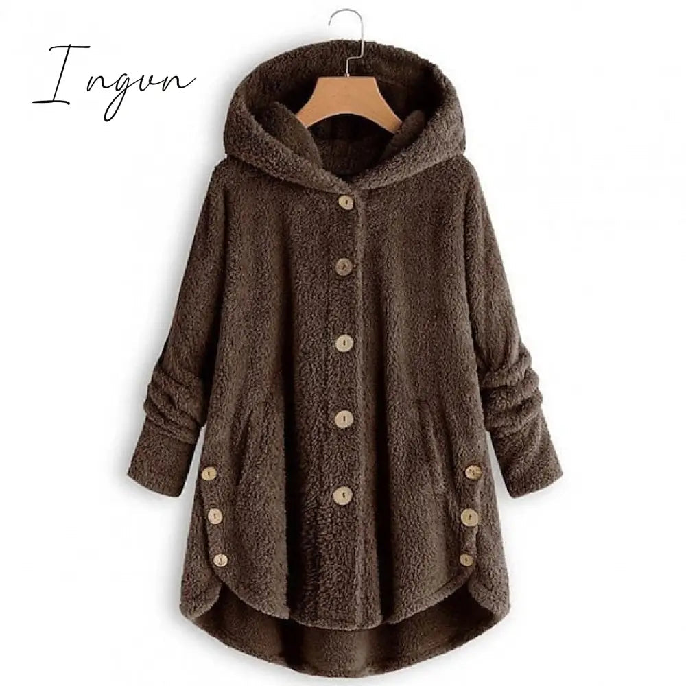 Ingvn - Women's Fleece Jacket Pullover Sherpa Fleece Teddy Button Front Pocket claret turmeric Black Solid Color Street Hoodie Plus Size Long Sleeve Fleece
