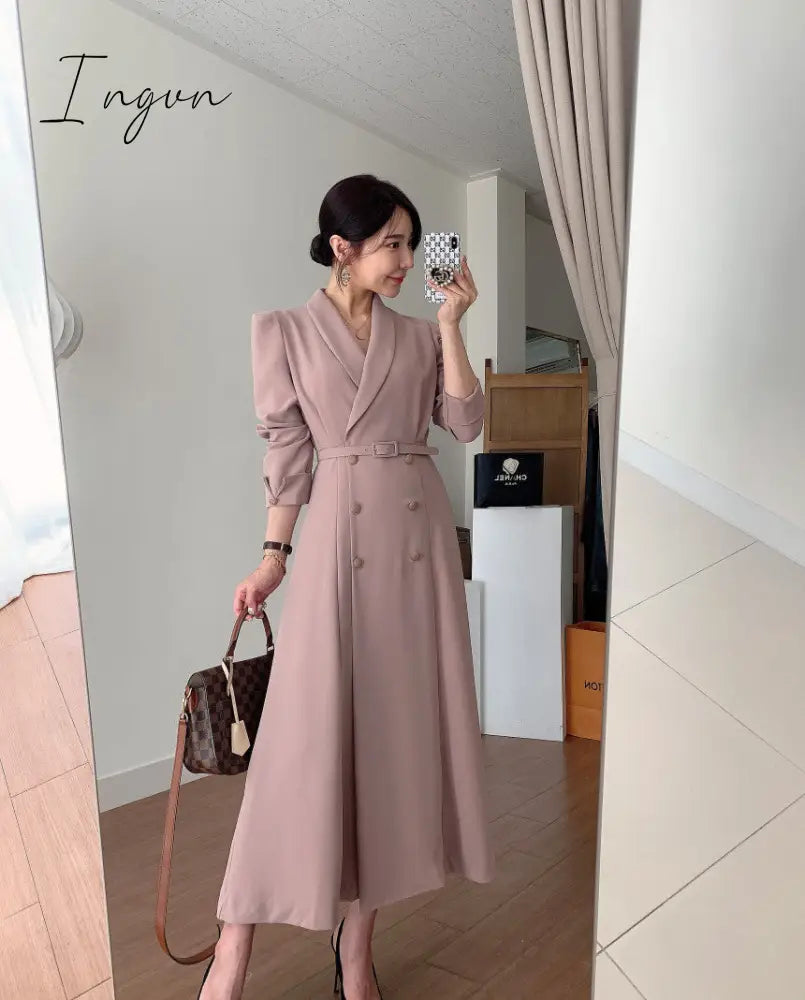 Ingvn - New French Spring Elegant Double Breasted Belted Sashes Women Suit Dress Autumn Office Long Sleeve Slim Waist Female Dress