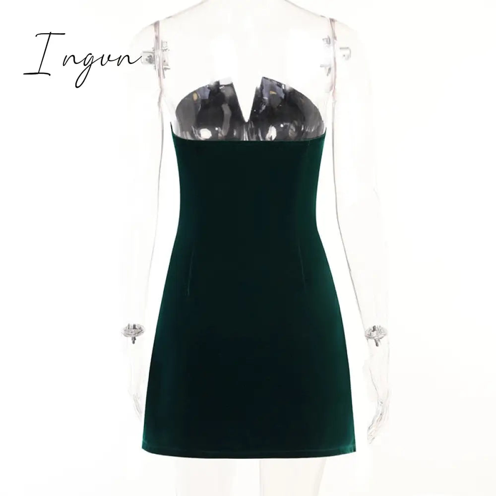 Ingvn - Womens Fall Fashion V Neck Velvet Dress Women Sexy Sleeveless Elegant Fashion Female Clothes Solid Backless Strapless Side Split Dress Black