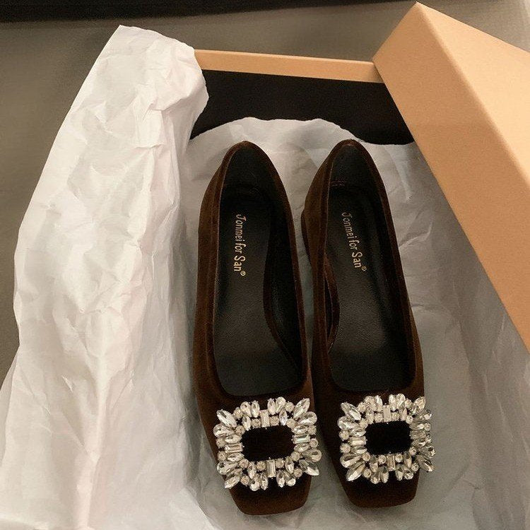High-grade Rhinestone Shallow Mouth Shoes Women's Elegant Shallow Mouth Spring and Autumn New All-match Square-toe Flat Bean Shoes