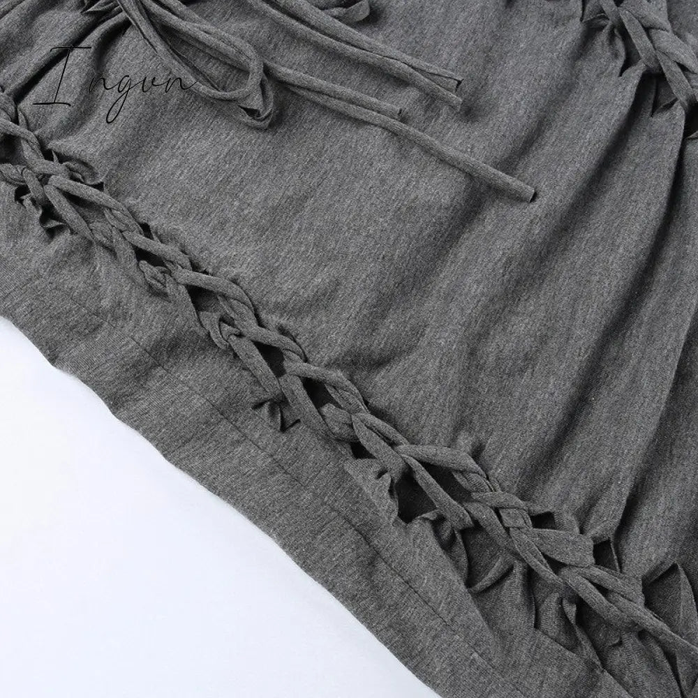 Ingvn - Dark Gray Hollow Out Mini Dress Sexy Drawstring Bandage Backless Summer Dresses for Women 2023 Birthday Party Clubwear