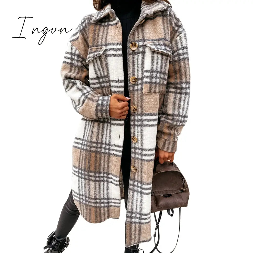 Ingvn - Lapel Single-breasted Double-pocket Plaid Coat